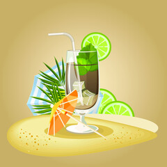 Fresh Cocktails and Smoothies in Glass with Straw Vector Set. Refreshing Fruit Water