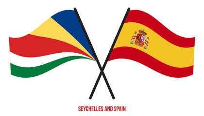 Seychelles and Spain Flags Crossed And Waving Flat Style. Official Proportion. Correct Colors.