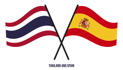 Thailand and Spain Flags Crossed And Waving Flat Style. Official Proportion. Correct Colors.