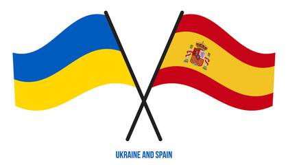 Ukraine and Spain Flags Crossed And Waving Flat Style. Official Proportion. Correct Colors.