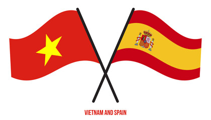 Vietnam and Spain Flags Crossed And Waving Flat Style. Official Proportion. Correct Colors.