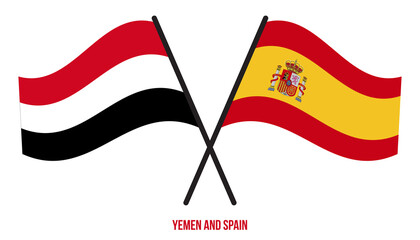 Yemen and Spain Flags Crossed And Waving Flat Style. Official Proportion. Correct Colors.