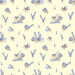 Sunny seamless pattern with blue roses, lavender and cotton flowers. Watercolor hand-drawn elements on yellow isolated background. Vintage style, cute and beautiful design for fabric and wallpapers.