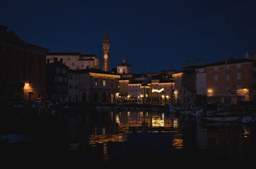 Fototapeta premium Old town of city at the Adriatic coast in winter, Piran, Slovenia. 14.12.2020.