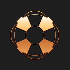 Gold Lifebuoy icon isolated on black background. Lifebelt symbol. Long shadow style. Vector.