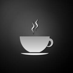 Silver Coffee cup icon isolated on black background. Tea cup. Hot drink coffee. Long shadow style. Vector.