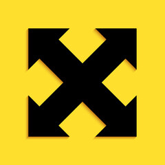 Black Arrows in four directions icon isolated on yellow background. Long shadow style. Vector.