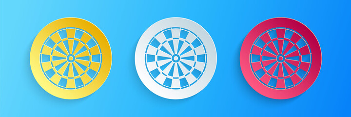 Paper cut Classic darts board with twenty black and white sectors icon isolated on blue background. Dart board sign. Dartboard sign. Game concept. Paper art style. Vector.
