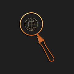 Gold Magnifying glass with globe icon isolated on black background. Analyzing the world. Global search sign. Long shadow style. Vector.