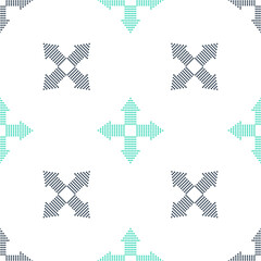 Green Arrows dots in four directions icon isolated seamless pattern on white background. Vector.