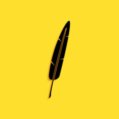 Black Feather pen icon isolated on yellow background. Long shadow style. Vector.