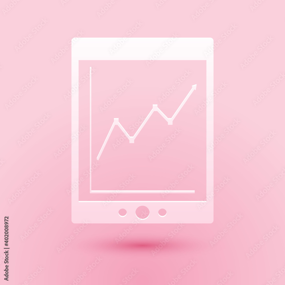 Poster paper cut tablet with statistic graph chart icon isolated on pink background. financial chart and gr