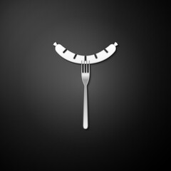 Silver Sausage on the fork with steam icon isolated on black background. Grilled sausage and aroma sign. Long shadow style. Vector.