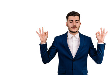 Young businessman concentrated and meditating, feeling satisfied and relaxed, thinking isolated on a white background