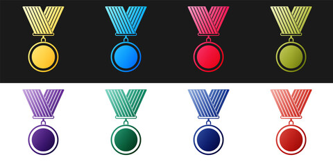 Set Medal icon isolated on black and white background. Winner symbol. Vector.