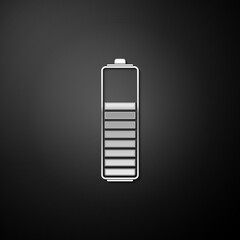 Silver Battery charge level indicator icon isolated on black background. Long shadow style. Vector.