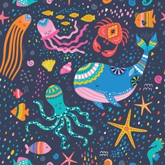 Sea life cute vector pattern. Vector illustration for kids design, wallpaper, wrapping, textile, package design.