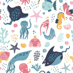 Sea life cute vector pattern. Vector illustration for kids design, wallpaper, wrapping, textile, package design.