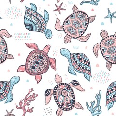 Nahtloses Vektormuster mit netten Meeresschildkröten. Perfekt für Kinderdesign, Stoffe, Verpackungen, Tapeten, Textilien, Bekleidung