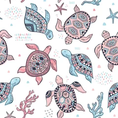 Behang Oceaandieren Naadloze vector patroon met schattige zeeschildpadden. Perfect voor kinderontwerp, stof, verpakking, behang, textiel, kleding