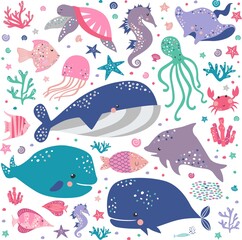 Obraz premium Sea life cute vector pattern. Vector illustration for kids design, wallpaper, wrapping, textile, package design.