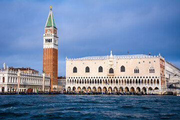 Fototapeta na wymiar Venice landmark, view from the sea of Piazza San Marco or st Mark square, Campanile and Ducale or Doge Palace. Italy, Europe.