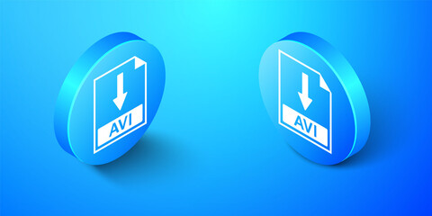 Isometric AVI file document icon. Download AVI button icon isolated on blue background. Blue circle button. Vector.