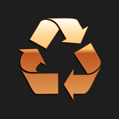 Gold Recycle symbol icon isolated on black background. Circular arrow icon. Environment recyclable go green. Long shadow style. Vector.