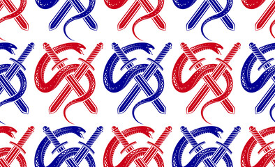 Snakes seamless background, vector dangerous venom serpents pattern, vintage style drawing tiling endless wallpaper.