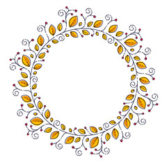Round floral shape of leaves and berries and copy space for text inside, vector illustration.