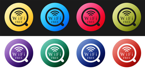 Set Cup of coffee shop with free wifi zone icon isolated on black and white background. Internet connection placard. Vector.