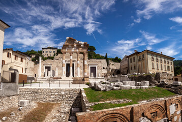 Panoramic view of Roman forum with Capitolium (Temple of the Capitoline Triad), the main temple in...