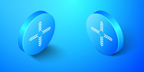 Isometric Arrows in four directions icon isolated on blue background. Blue circle button. Vector.