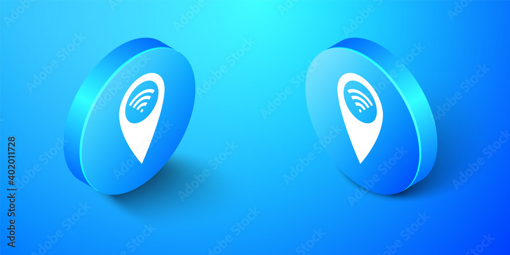 Poster isometric pointer map with wifi internet signal connection icon isolated on blue background. blue ci