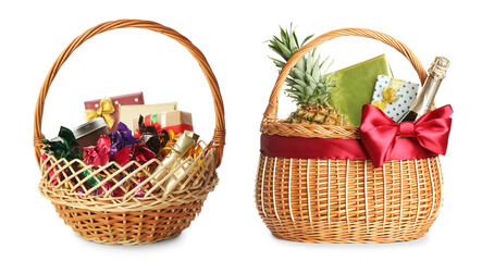 Fototapeta na wymiar Wicker baskets full of different gifts on white background