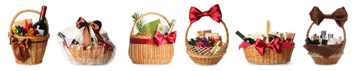 Set with wicker baskets full of different gifts on white background. Banner design
