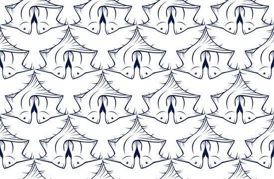 Birds and fishes vector seamless background in Escher artist graphic style, animals endless pattern.