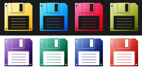 Set Floppy disk for computer data storage icon isolated on black and white background. Diskette sign. Vector.
