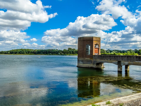 The pumping station on the shore of Pitsford Reservoir, UK on a summers day