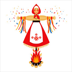 Shrovetide or Maslenitsa. Vector illustration gift card. Effigy of winter. Russian inscription - Wide Shrovetide. Great Russian holiday in winter.