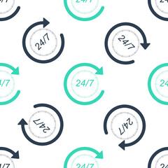 Green Open 24 hours a day and 7 days a week icon isolated seamless pattern on white background. All day cyclic icon. Vector.