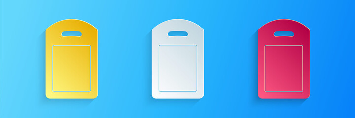 Paper cut Cutting board icon isolated on blue background. Chopping Board symbol. Paper art style. Vector.