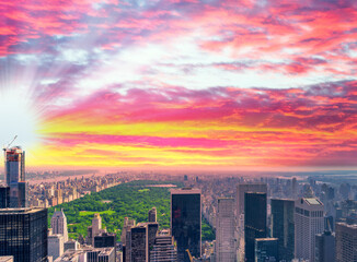 Panoramic aerial view of New York City skyline and Central Park