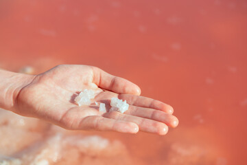 Boy's hand full of salt against of salty pink lake. Salt mining. Extremely salty pink lake, colored by microalgae with crystalline salt depositions in Torrevieja, Spain