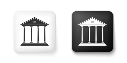 Black and white Courthouse building icon isolated on white background. Building bank or museum. Square button. Vector.
