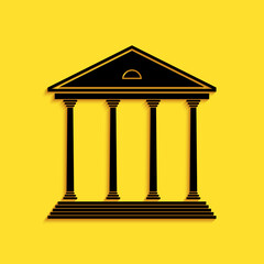 Fototapeta premium Black Courthouse building icon isolated on yellow background. Building bank or museum. Long shadow style. Vector.