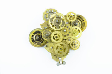 Broken mechanism from old bronze details isolated on a white background.