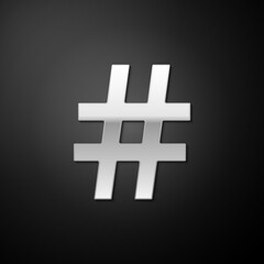 Silver Hashtag icon isolated on black background. Social media symbol. Modern UI website navigation. Long shadow style. Vector.
