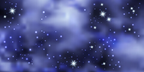 Blue night sky with shiny stars. Galaxy space background, nebula stardust. Cosmic universe. Vector illustration