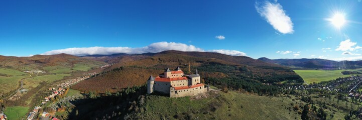Fototapeta premium Aerial autumn view of Krasna Horka castle in Slovakia